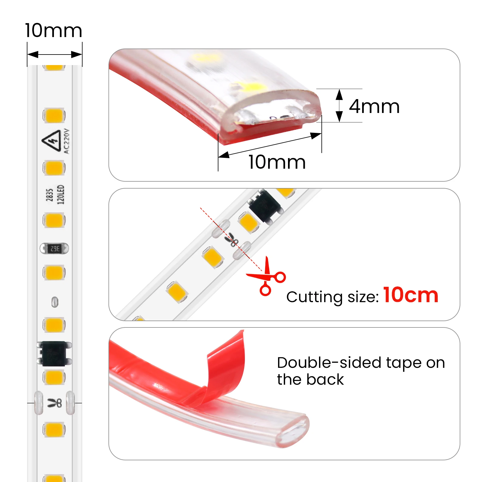 AC 220V Dimmerable LED Strip Waterproof 2835 White/Green/Red/Blue/Pink/Yellow Home Decor Self Adhesive Flex Ribbon Tape Light