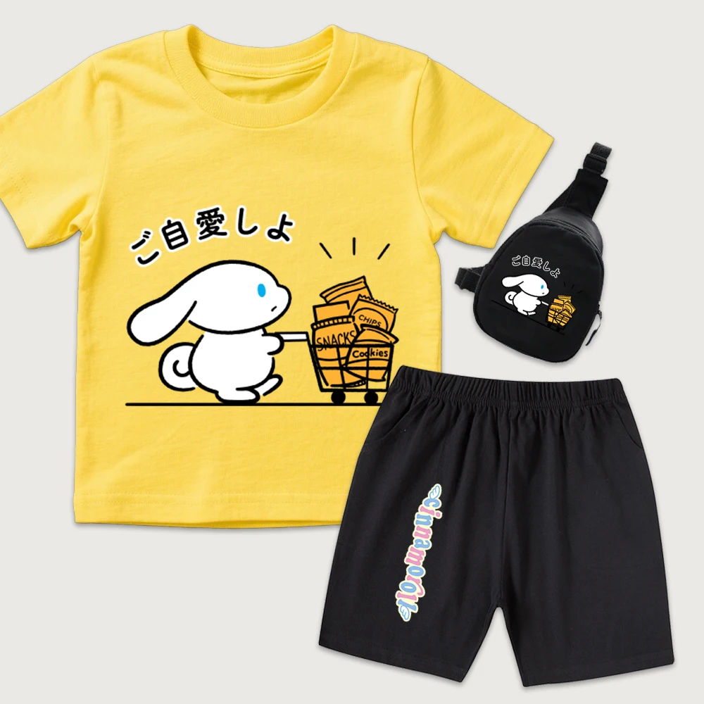 

Детская хлопковая футболка с принтом Cinnamoroll Snack Run, шорты, мини-сумка на грудь, комплект из 3 предметов, повседневная летняя одежда для мальчиков и девочек