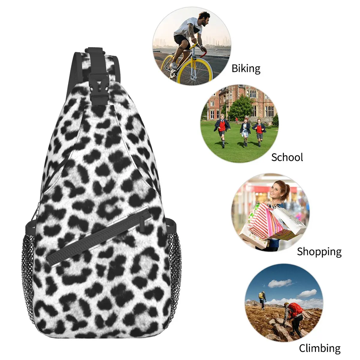 Black And White Leopard Small Sling Bags Chest Crossbody Shoulder Sling Backpack Travel Hiking Daypacks Camo Printed Pack