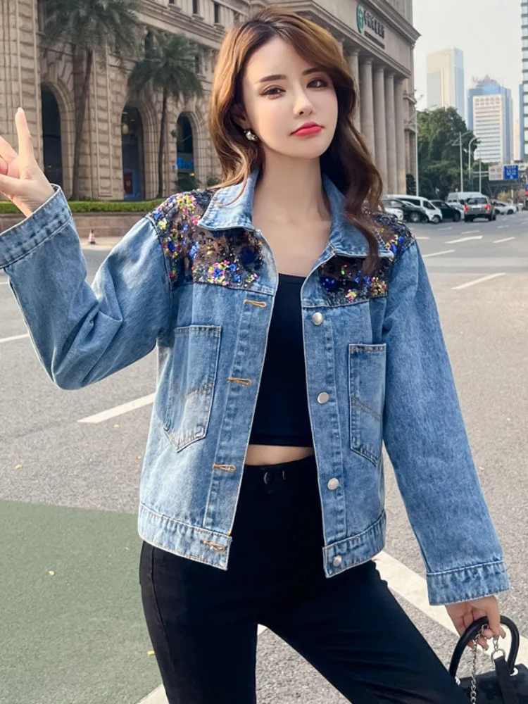 เสื้อแจ็คเก็ตยีนส์ผู้หญิง แต่งเลื่อมหนัก สไตล์แฟชั่น สำหรับฤดูใบไม้ผลิและฤดูใบไม้ร่วง ทรงตรง ใส่ได้หลากหลาย เหมาะสำหรับใส่ไปทำงาน แขนยาว
