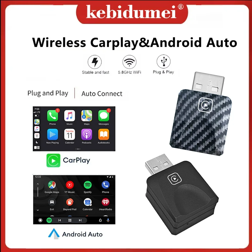 Kebidumei-adaptador inalámbrico CarPlay y Android Auto 2 en 1, con cable a inalámbrico, Dongle USB inteligente, conector Dual USB y tipo C, conexión rápida