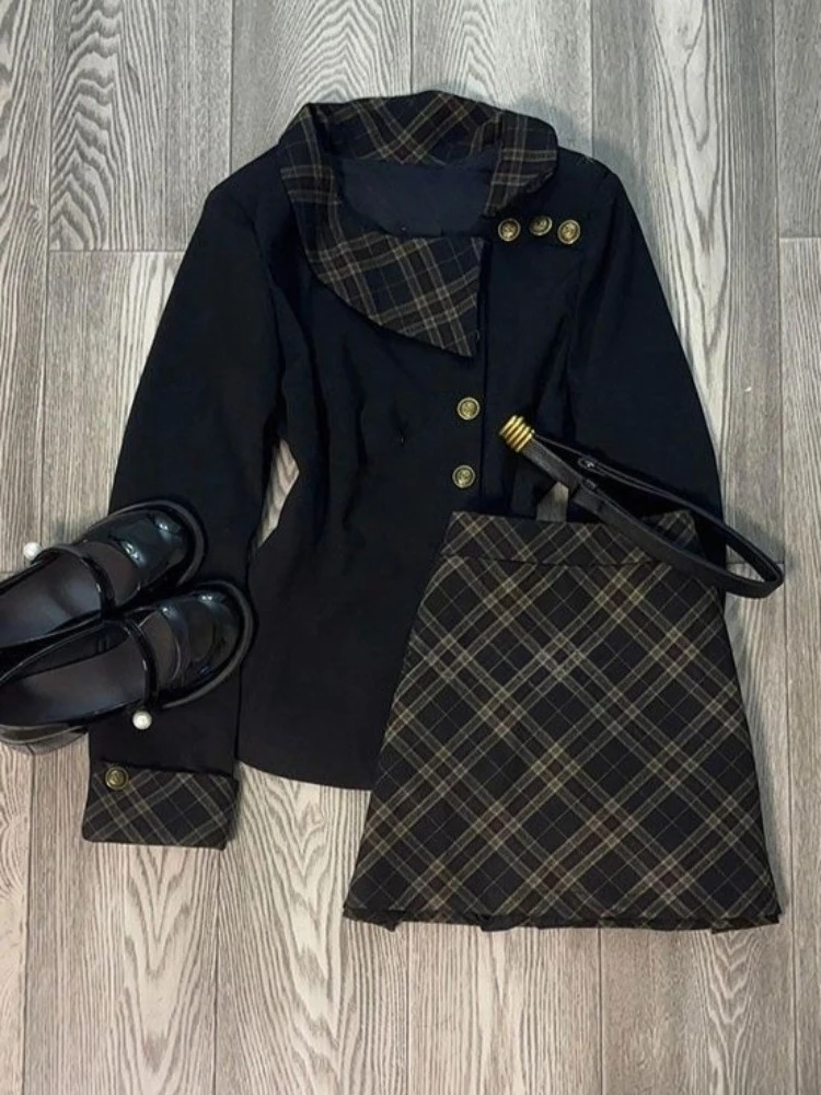 

Винтажный тонкий лоскутный комплект из 2 предметов в консервативном стиле, женское модное клетчатое осеннее пальто Хепберн, женское + тонкая короткая юбка с высокой талией