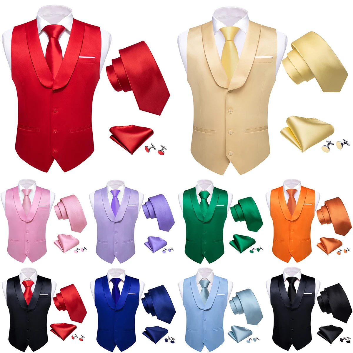 

Luxury Vest for Men Silk Satin Solid Gold Pink Blue Green Orange Red Purple Black Shawl Lapel Waistcoat Tie Set Barry Wang