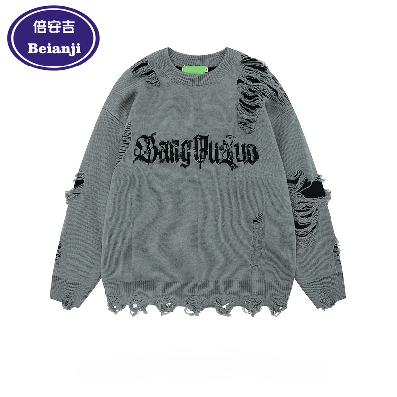 Beianji sweater VINTAGE European and American fashion knife cut hole male autumn and winter fashion hiphop couple knitwear 2024