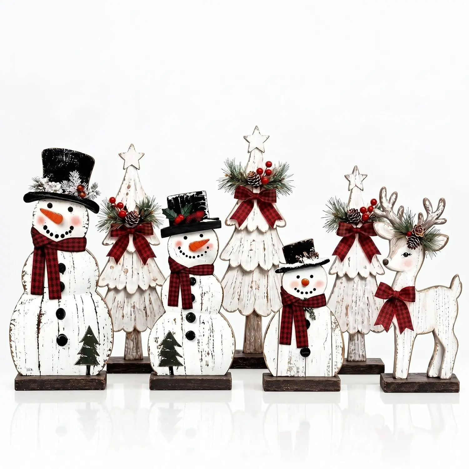 Rustic Snowman & Reindeer Christmas Tree Ornaments 7 Pcs Indoor Holiday Decor
