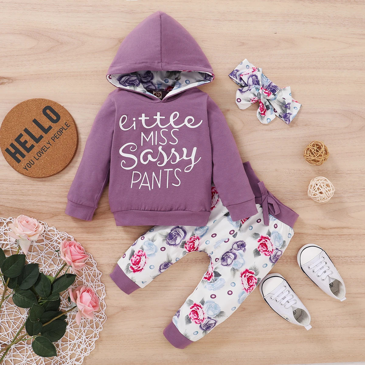 0-24 Months Baby Girls Autumn Outfit Purple Long Sleeve Letter Print Hooded Top + Floral Pants + Bowknot Headband