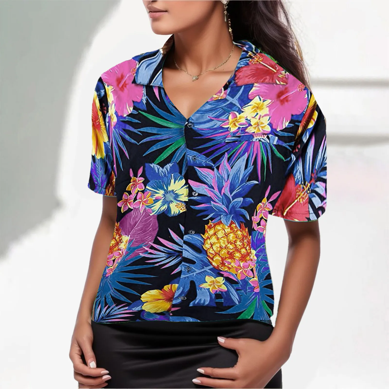 Flowers Leaves Blouse Pineapple Funky Shirt Frontpocket Women's Print Women Shirts Outdoors Beach Holiday Leisure Women's Blouse