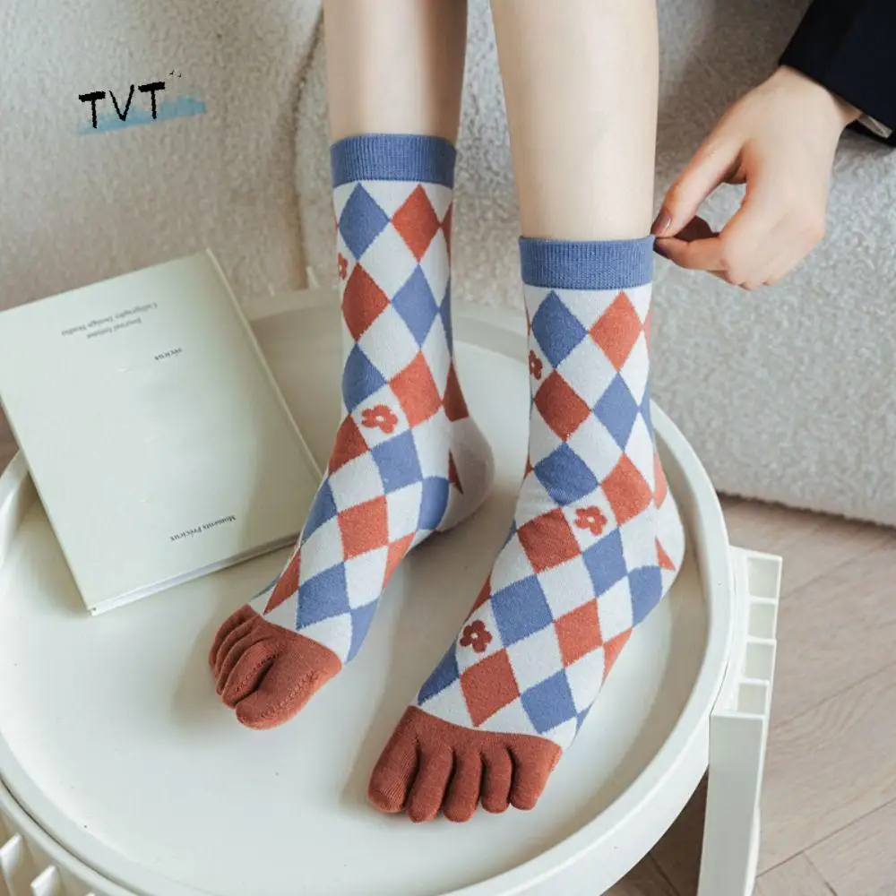 Calzini a tubo a cinque dita con fiore elastico Griglia a strisce Antiscivolo Calzini corti con punta divisa Calze in cotone Calzini separatori per dita da donna