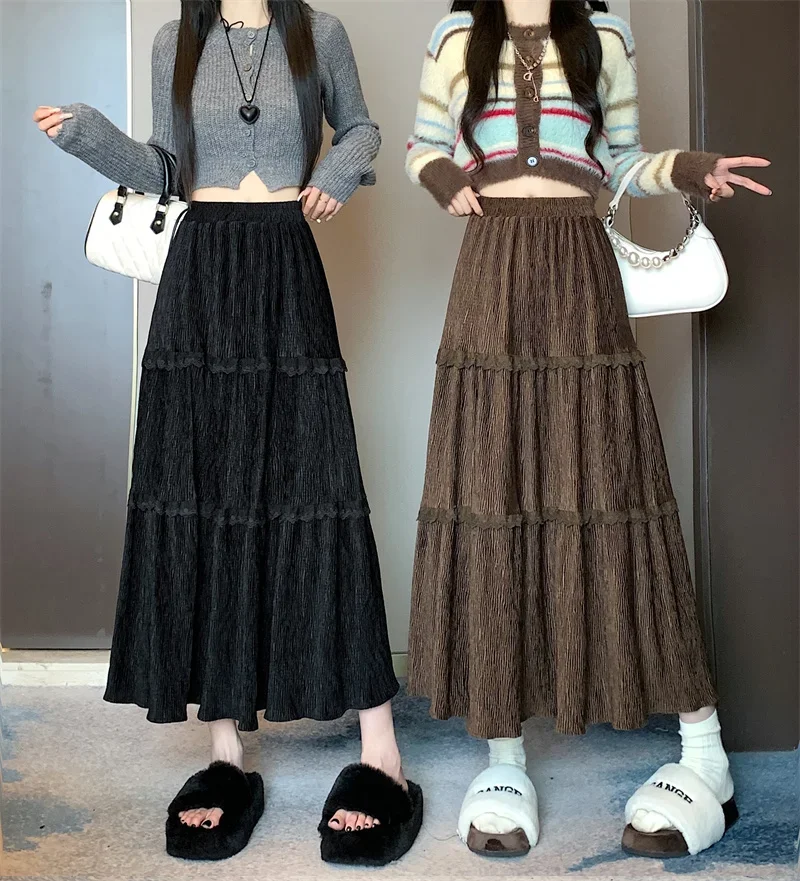 Autumn Winter Thickened Corduroy Cake Long Skirt Splicing Lace Velvet Skirt