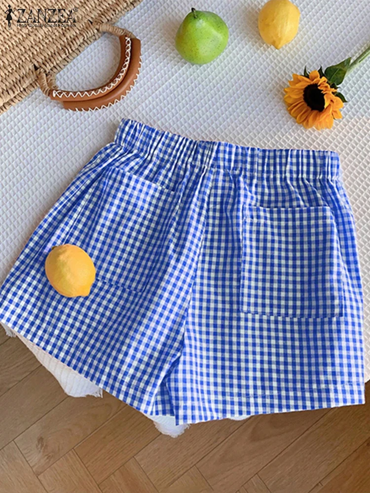 ZANZEA Pantaloncini scozzesi Donna Casual Pantaloni estivi larghi 2025 Abbigliamento da spiaggia alla moda Tasche in vita elastiche larghe Pantaloni corti oversize