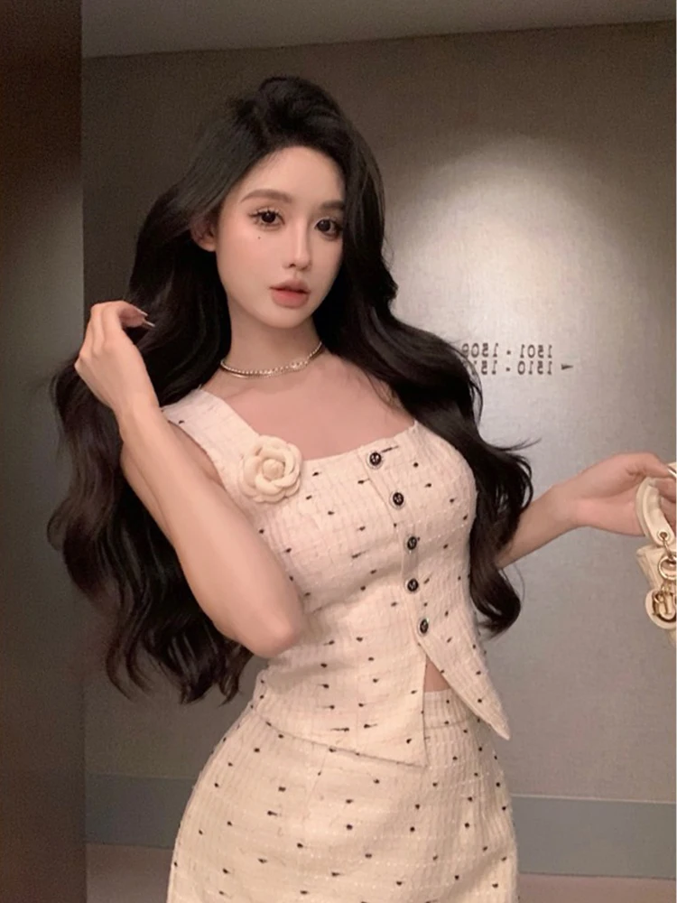 

Fashionable Polka Dot A-Line Skirt And Vest Set for Women High Waist Elegant Style Spring Summer Season French Style round Do...