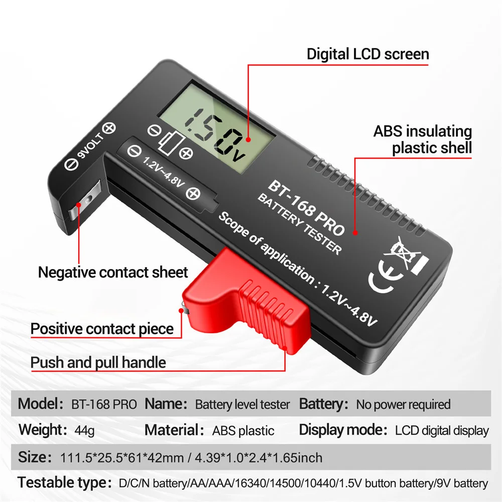 BT-168 Pro LED Digital Display Battery Tester Battery Checker Can Measure 18650 Batteries 9V 3.7V 1.5V Cell Batteries Tester