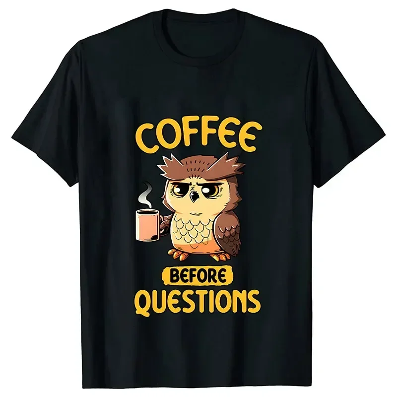 Coffee  Before Questions Print Graphic T-Shirt Casual Tops Cartoon Anime Owl Tshirts Women's Clothing Cute Short Sleeve Cotton