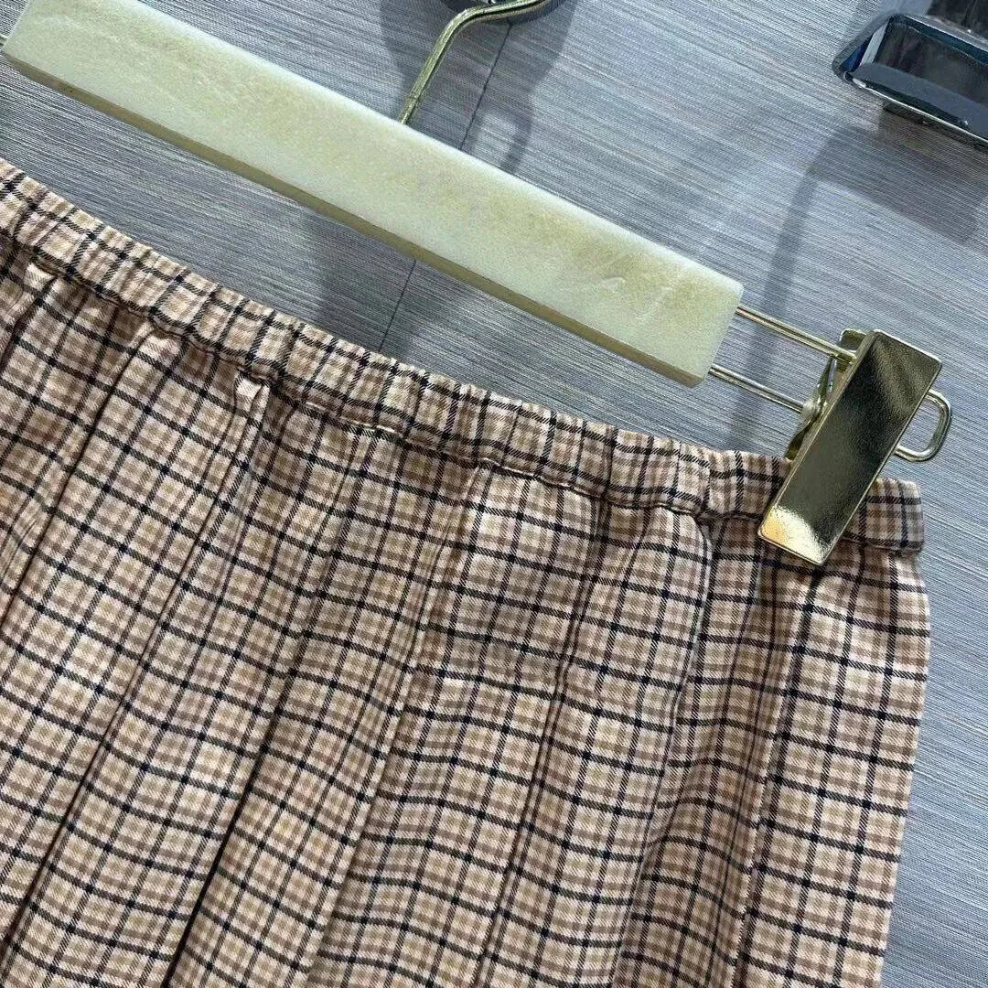 2024 Summer Fashion Sweet Pleated Mini Skirts Womens Elastic High Waist Khaki Small Plaid Pattern Vintage Mini Skirt