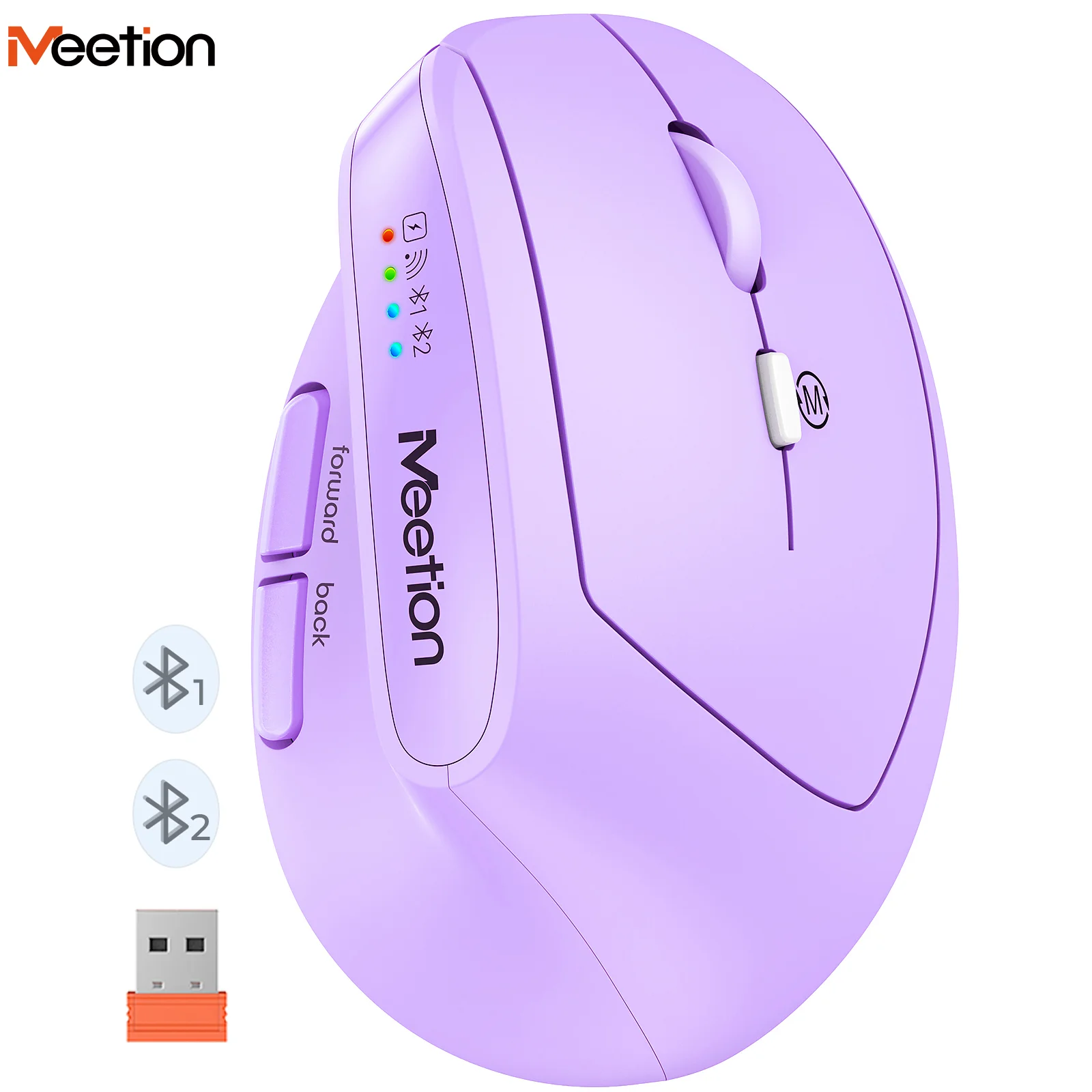 Meetion Bluetooth/2.4G/USB Wireless Vertical Mouse Rechargeable Ergonomic Luminous Version BT008 TypeC 2400DPI for Tablet Laptop