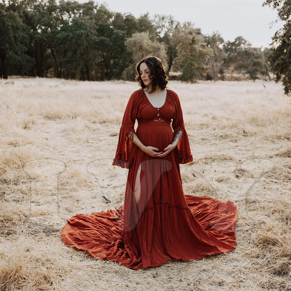 Bohemian Photo Shooting Pregnancy Dress 2 Pieces Gown V Neck Linen Cotton Large Hem Maternity Dresses For Photo Shoot