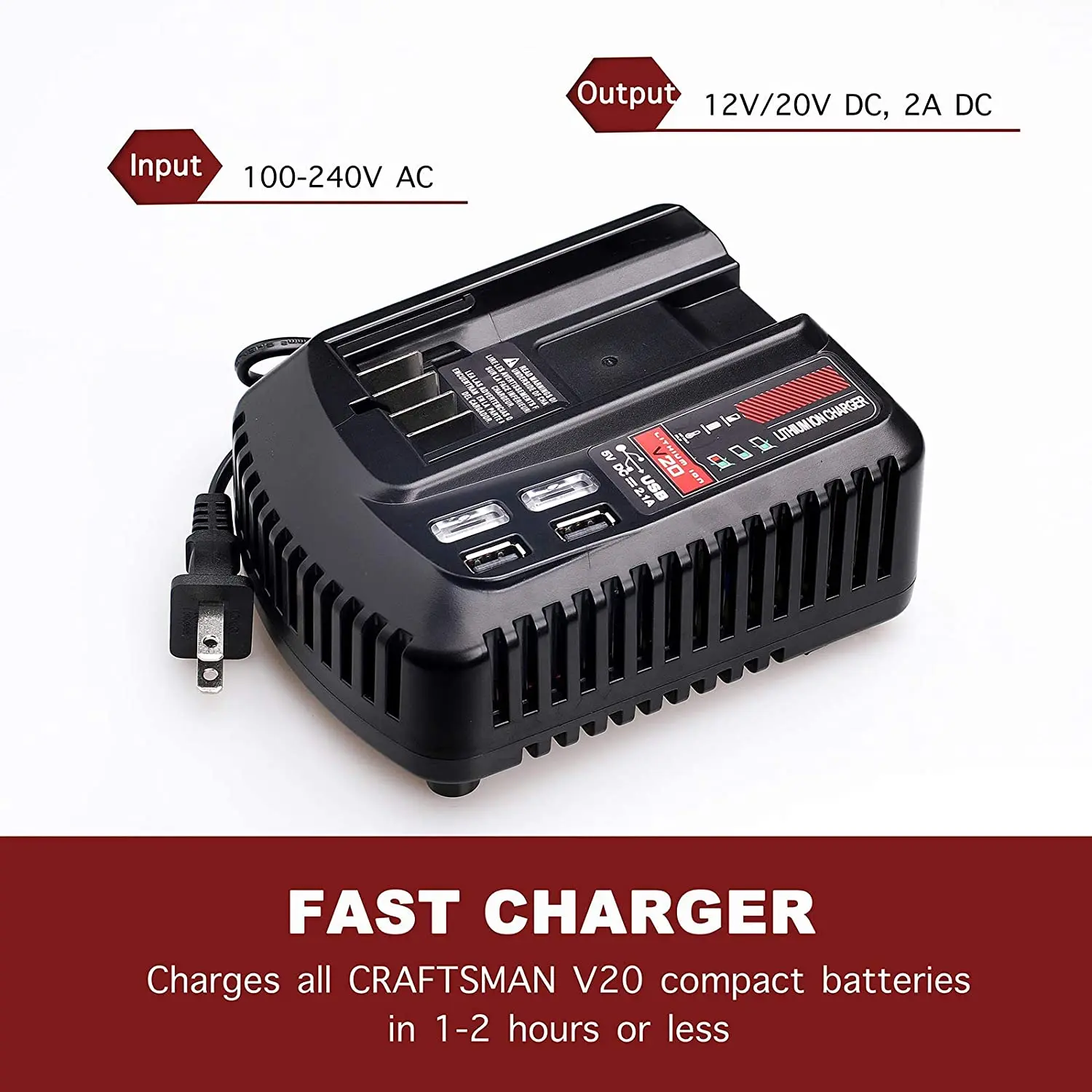 

For CRAFTSMAN 20V 2A Li-ion Battery Charger CMCB102 Rechargeable Power Tool 100V/240V Lithium Battery Charger With Dual USB