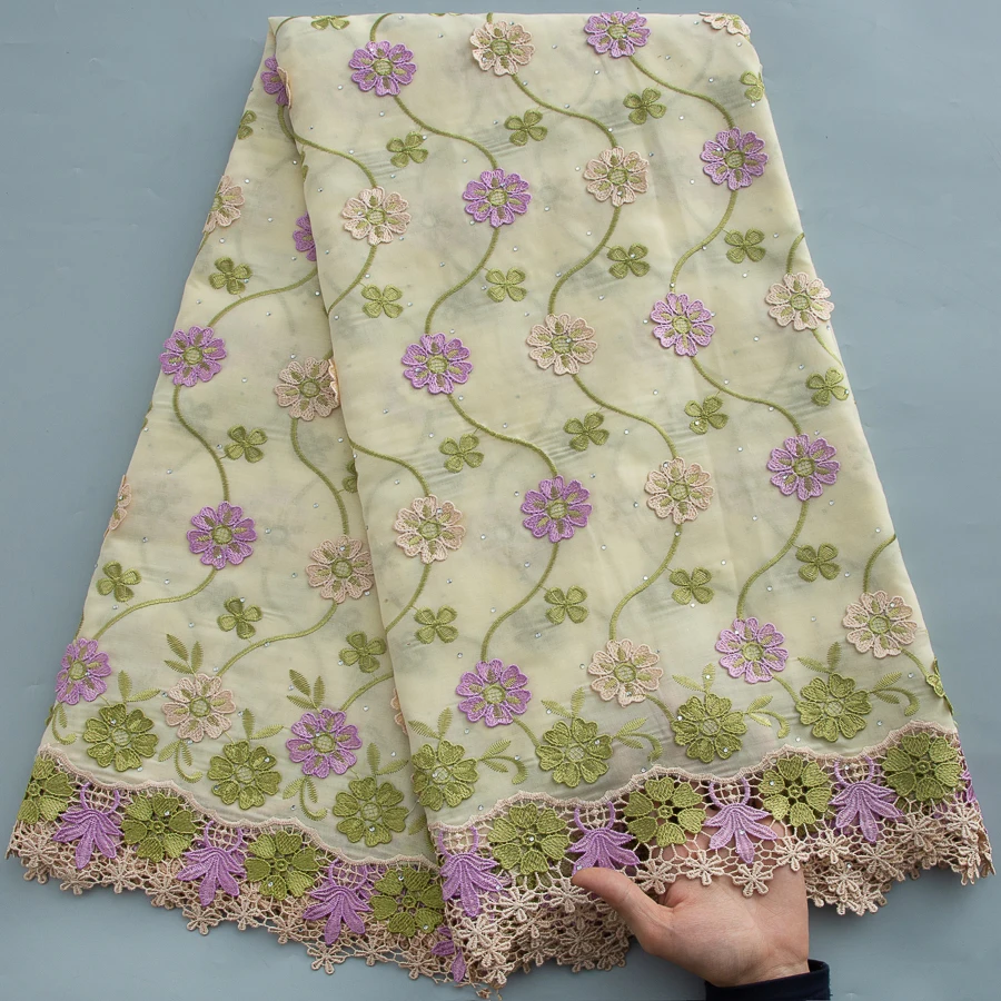 2026 Premium Cream African Cotton Lace Fabric with Lavender Floral Embroidery Swiss Voile Lace For Wedding Dress Design