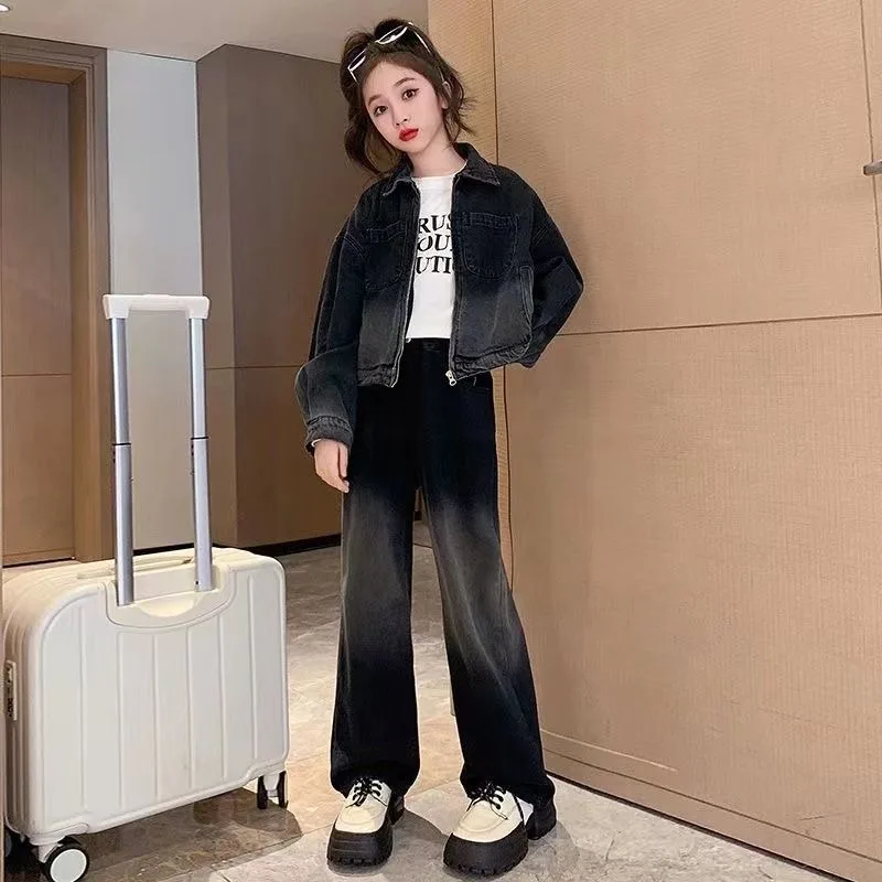 

Girl Denim Jacket & Pants 2-Piece Set Loose Wide-leg Sets Girls' Clothes 4yrs Outfits Elementary Student Two Skirt 10 12 Years 9