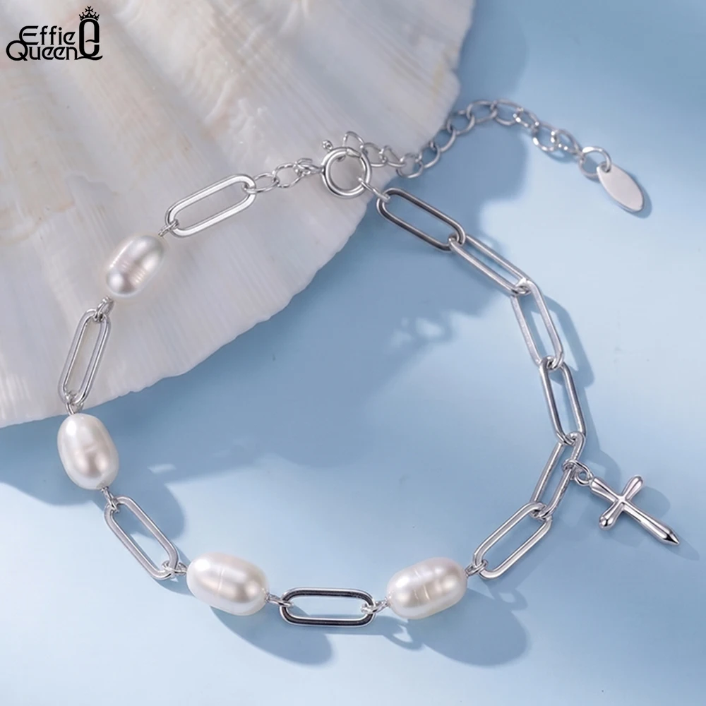 

Effie Queen 925 Sterling Silver Natural Pearl Link Chain Bracelet with Cross Trendy Sweet Daily Wear Jewelry Accessories GPB53