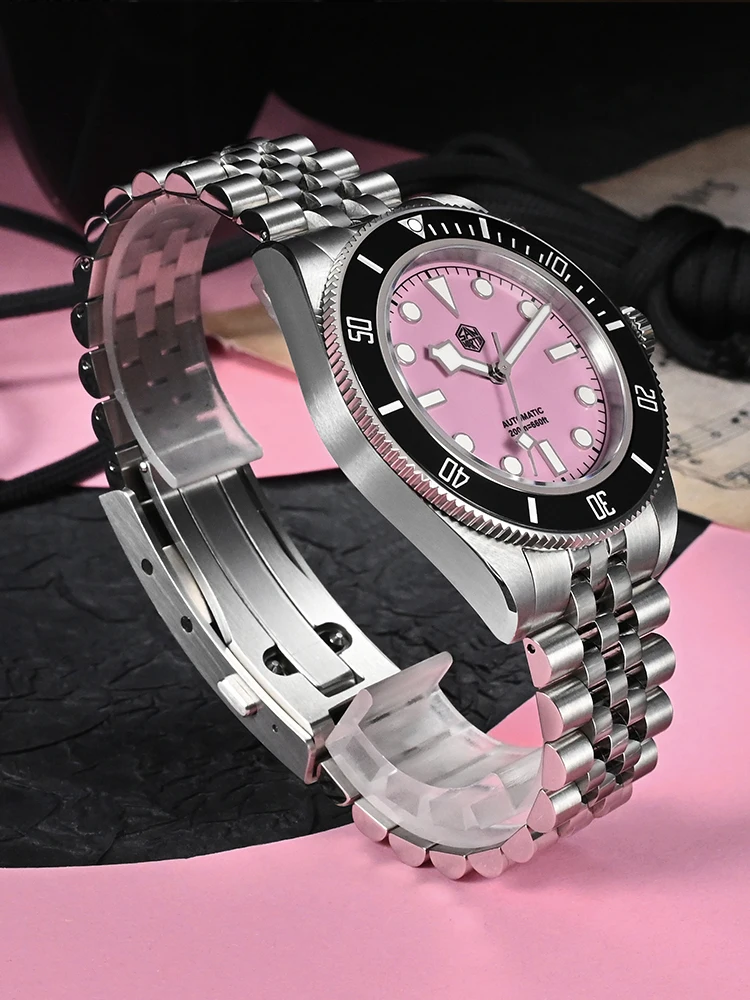 San Martin-Reloj de buceo con zafiro para hombre, accesorio masculino de pulsera resistente al agua con mecanismo automático de movimiento de 40mm, color rosa BB, NH35, SN0128, 200m