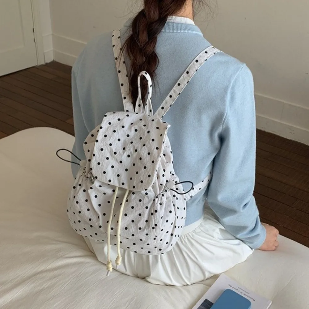 Sweet Multiple Pockets Polka Dot Backpack Cloth Korean Versatile Daypack Preppy Drawstring Lace-up Lightweight Backpack Business