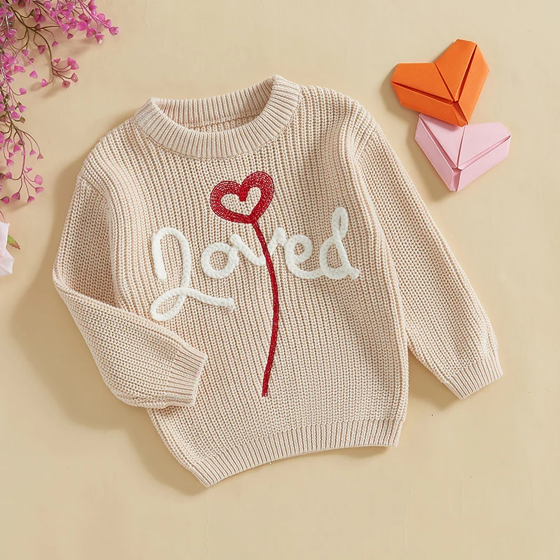 Valentine s Day Heart Print Crew Neck Sweater Long Sleeve Knit Pullover Jumper for Girls Boys Winter Knitwear Embroidery