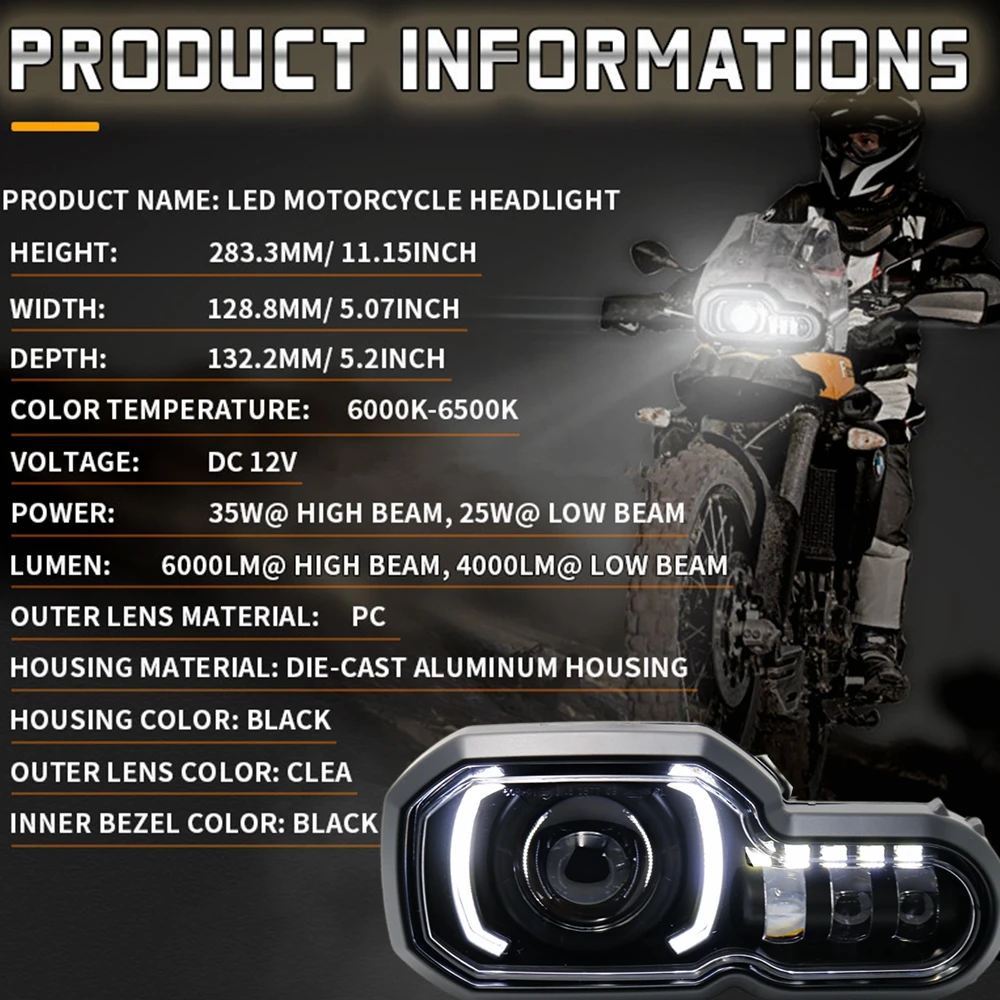 E24 Motorcycle LED Headlight for BMW F650GS/F700GS/F800GS F800ADV F800R High/Low beam with DRL Assembly Kit Replacement Light