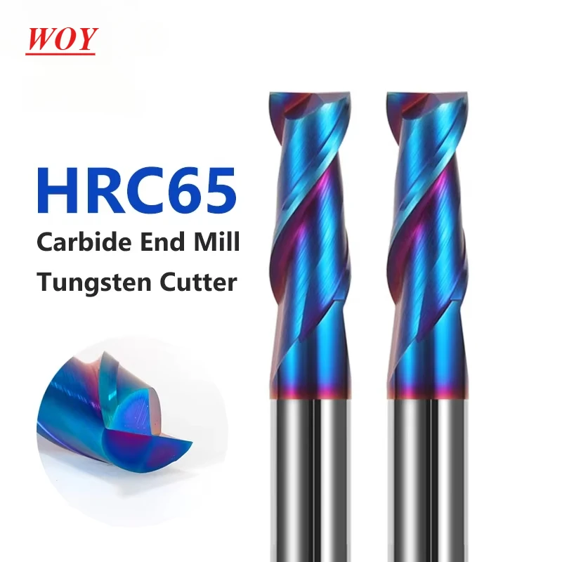 WOY HRC65 CNC Carbide Flat End Mill Tungsten Cutter 2 Flute Metal Steel Machining Tool Key Face Square Router Bit 6 8 12MM For