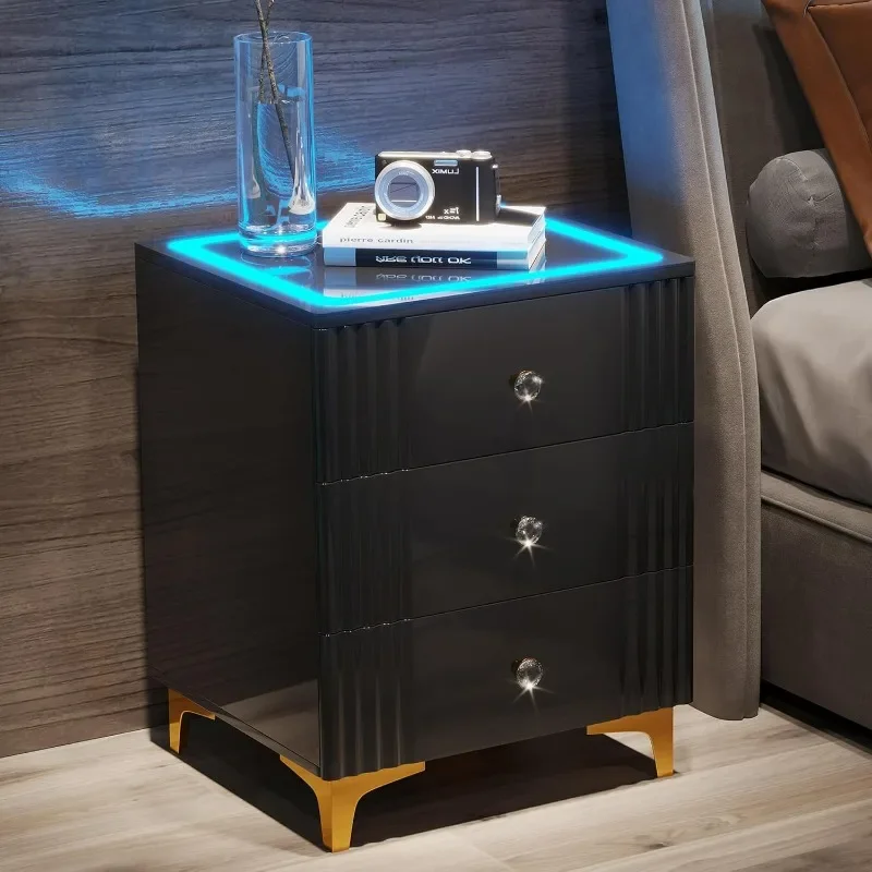 

Nightstand with Wireless Charging Station,Smart Gloss Night Stand with 3 Colors Dimmable Sensor Light,Bedside Table Glass Top