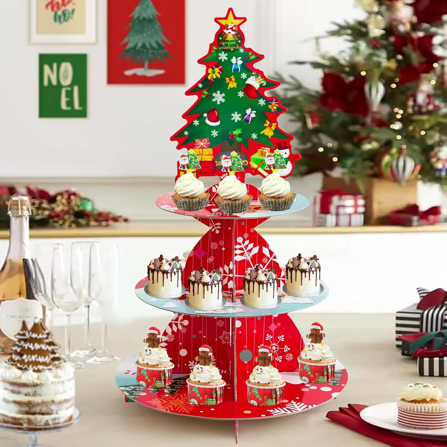 Christmas Tree Shaped 3 Tier Cup Cake Stand Xmas Cupcake Stand Cardboard Pastry Serving Tray Stand Reusable Dessert Tower