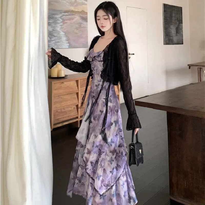 2025 الصيف 2 قطعة مثير السباغيتي حزام الحرير الساتان طباعة فستان للنساء الكورية سليم صالح والتخسيس مزاجه فستان أنيق #4