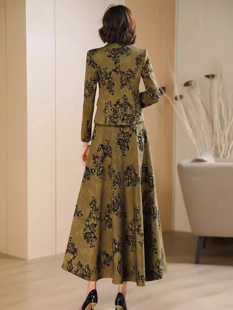 New Women Exquisite Floral Skirt Suits Spring Autumn Fashion Elegant Single Button Slim Blazer and Long Skirt Two Pieces Set