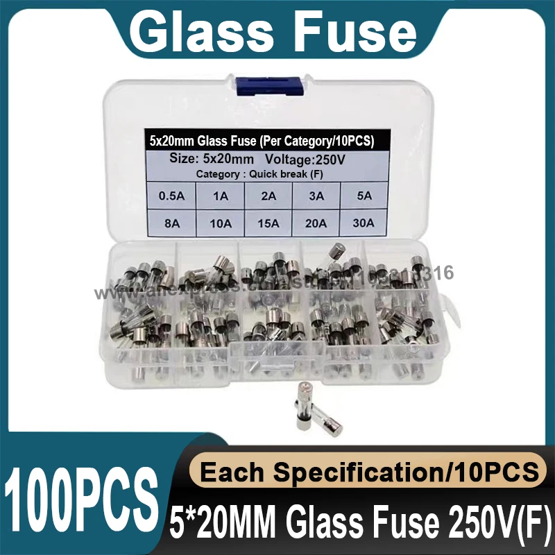 50~100Pcs/1Box 5x20mm 6x30mm Glass Fuse 5*20mm 6*30mm 250V 0.5A 1A 2A 3A 5A 8A 10A 15A 20A 30A Glass Fuse Quick Break