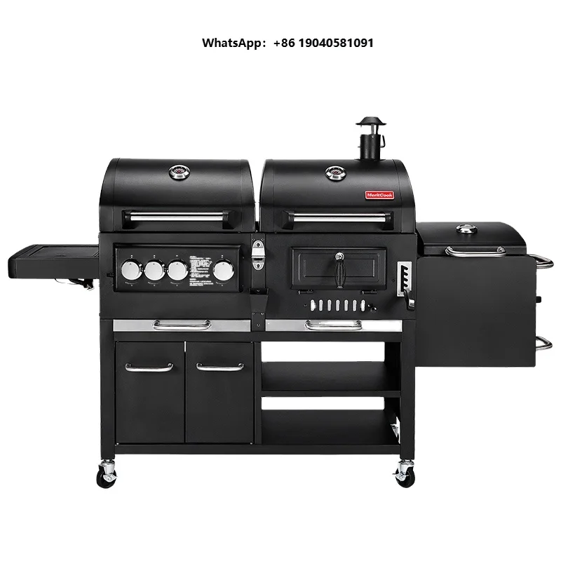 Outdoor Large Gas and Charcoal Grill Heavy Duty Trolley BBQ Smoker Smokeless Combo Commercial Barbecue BBQ Grills