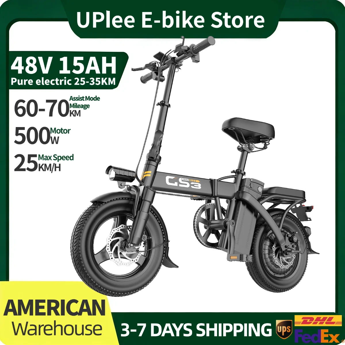 

UPlee GS3 foldable Electric Bike 500W 48V15AH battery 60-70km Assist Mode mileage electric bike adults for City Commuter e Bike