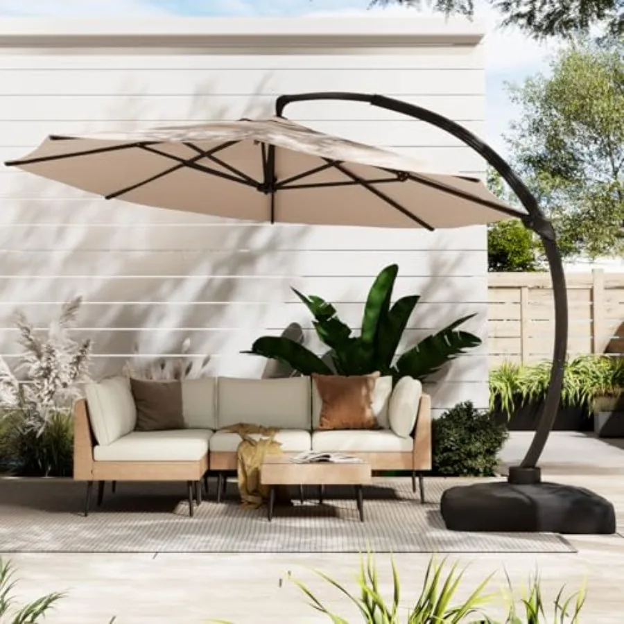 Patio umbrella for outdoor use, all aluminum construction, silver color, cantilever design with base included, 11 feet diameter