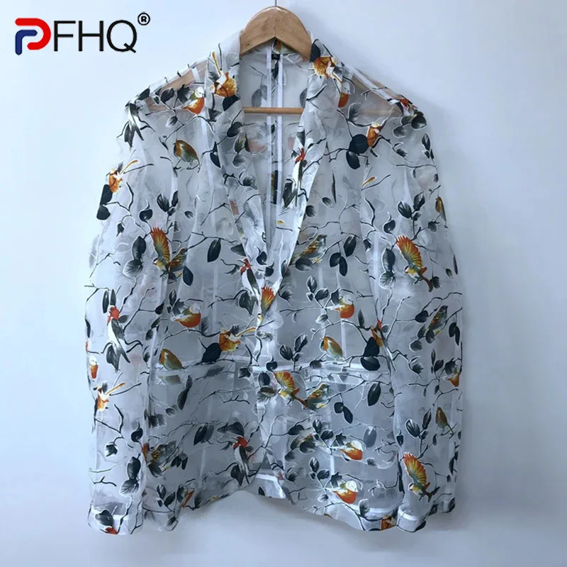 Kemeja lengan panjang pria asli desain tembus pandang Organza PFHQ atasan pelindung matahari elegan kualitas tinggi musim panas 21F1871