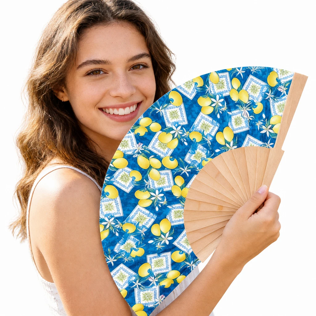 Ladies Folding Hand Fan with Fruit Print Lemon & Stripe, Wooden Fan, Perfect Accessory for Wedding Party Festival & Gift view 5