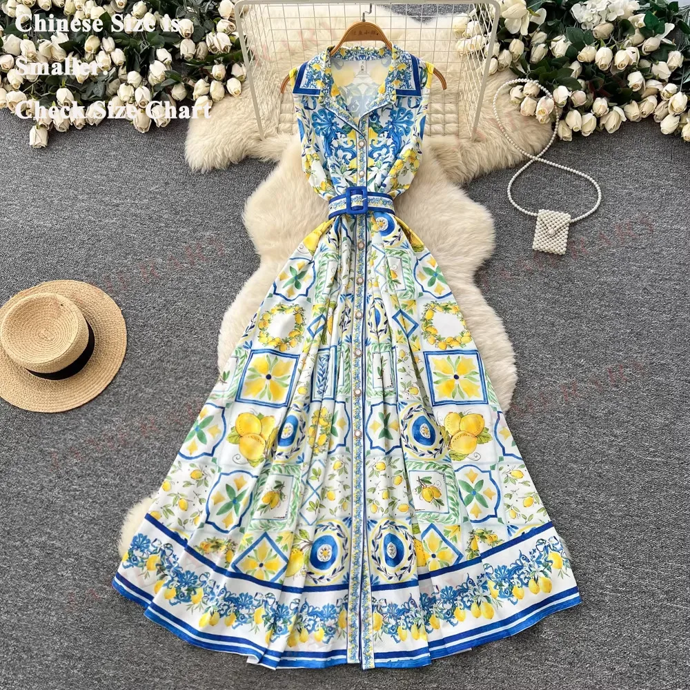 

Корейское летнее женское макси-платье с цветочным принтом, без рукавов, на бретельках, с поясом, однобортное, сине-желтое, с принтом лимонов, длинное платье-рубашка