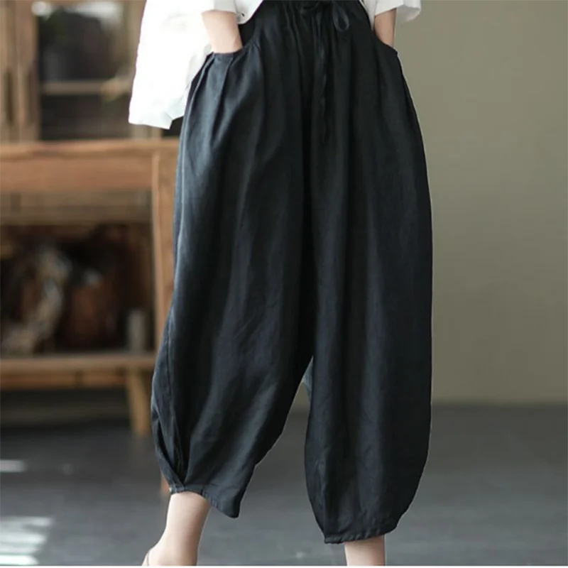 Senhoras moda solta coringa confortável algodão e linho bloomers casual personalidade cintura alta temperamento casual harem calças