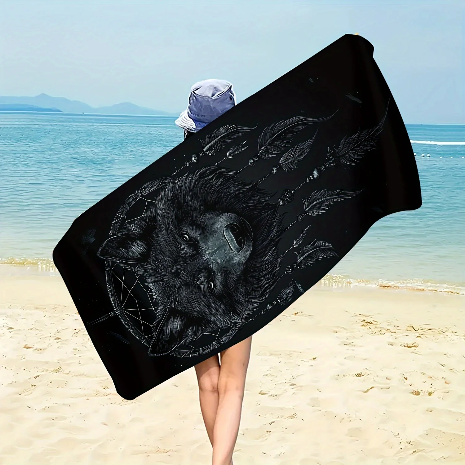 Black Wolf Dreamcatcher Beach Towel, Tribal Wolf Art, Quick Dry Microfiber, Oversized for Beach Pool, Gift for Him
