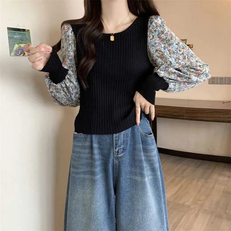 Fashion O-Neck Korean Spliced Floral Puff Sleeve T-Shirt Female Clothing 2024 Spring New Loose Casual Tops All-match Tee Shirt