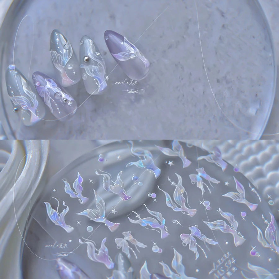 Shining Mermaid Tail Nail Stickers Holographic Shell Star 5D Decals Sea Animal Jellyfish Nail Art Sliders Scrub Summer Design