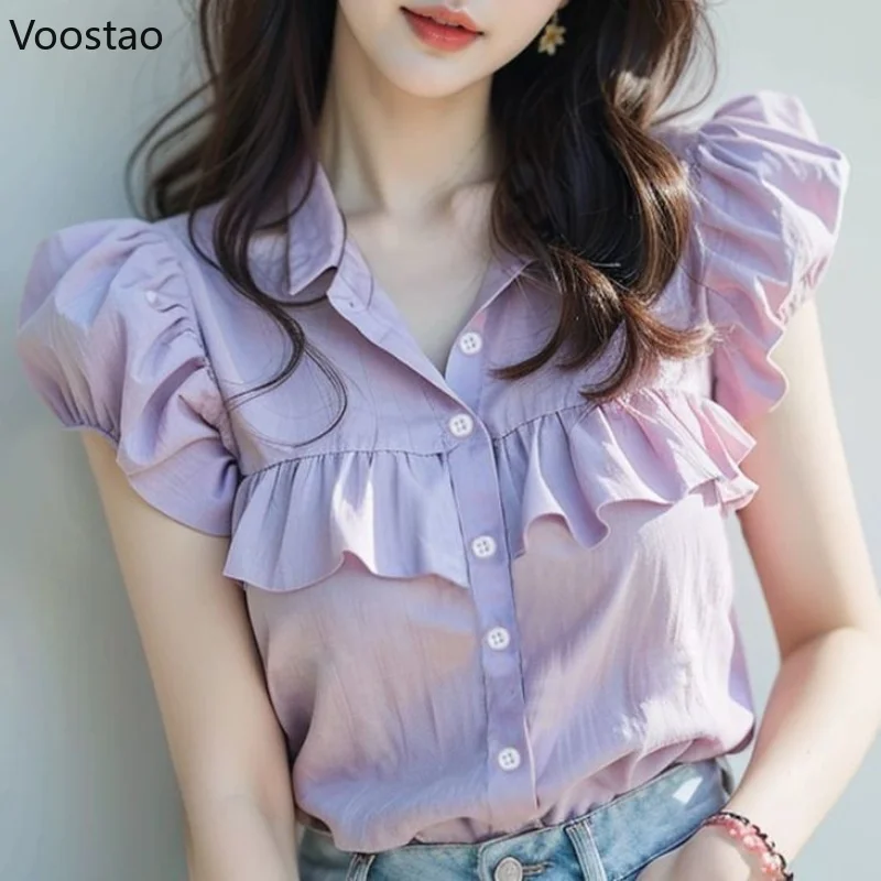 Summer New Women Casual Blouse Elegant Button Solid Color Spliced Ruffles Short Sleeve Korean Fashion Loose All-match Shirt Tops