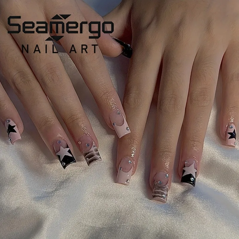 24PCS Mid-length Square False Nails Pink Star French Sweet Cool Black Patterns with Diamonds Press on Nails Simple Nail Tips Art