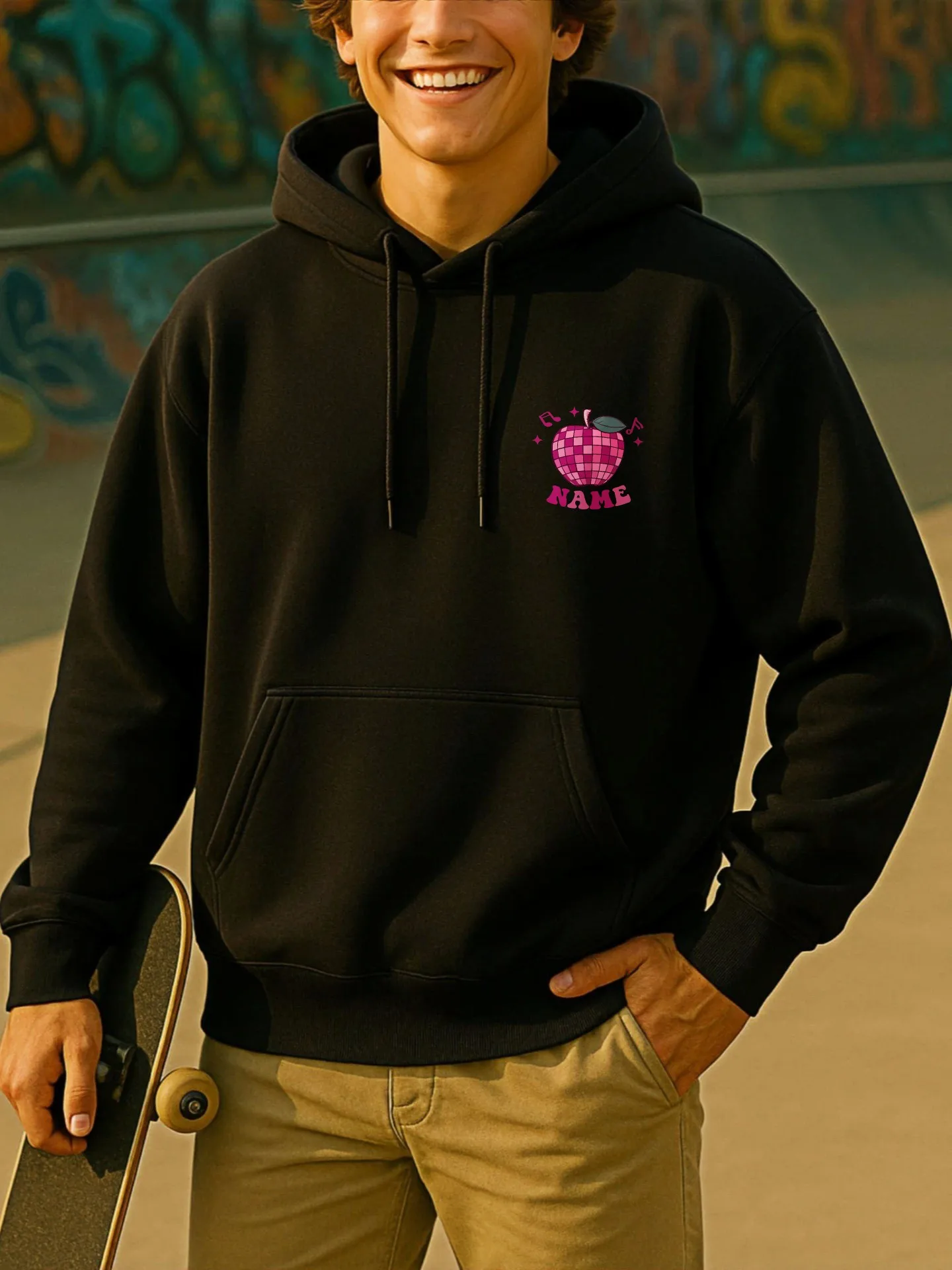 Men's Graphic Hoodie, Y2K Style, Apple - Name Print, Fleece Lined, Casual Hooded Sweatshirt for Men, For Everyday Wear