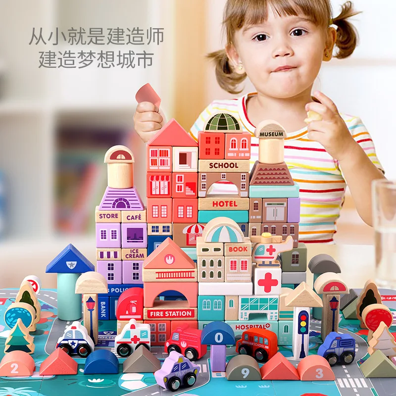 Colorful City Architecture Castle Street View Building Blocks,Children's Puzzle DIY Large Grain Assemble Wooden Toys,XT180