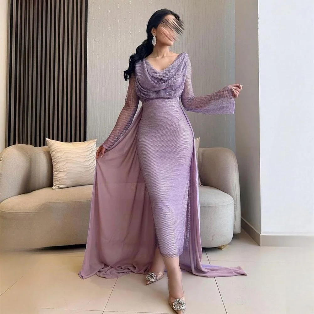 

Prom Dress Fashion V Neck Sheath Pageant Dresses Floor Length Court Long Sleeve Open Back Ruched Taffeta Formal Evening Gowns