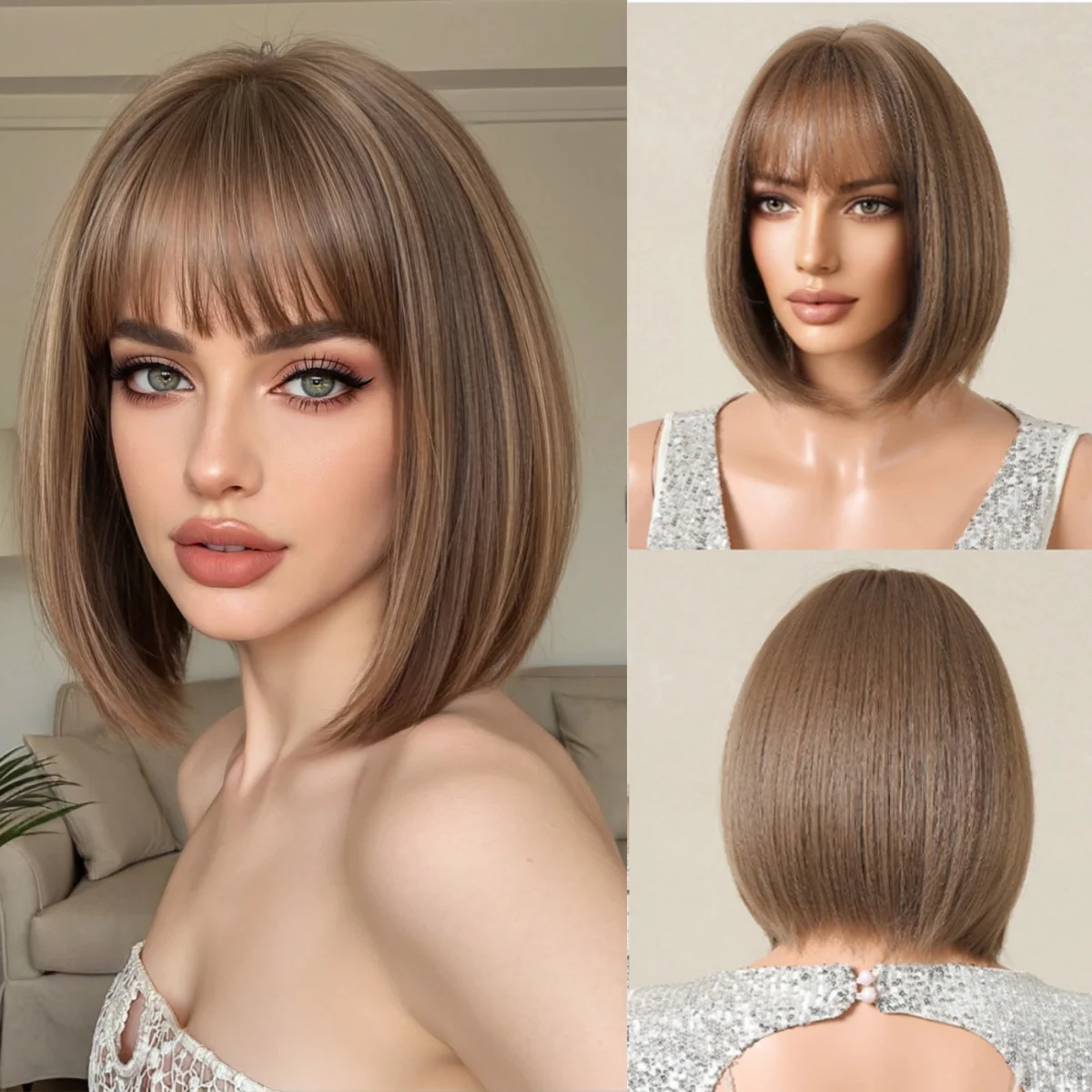 HENRY MARGU Dark Brown Bob Synthetic Wig with Bangs